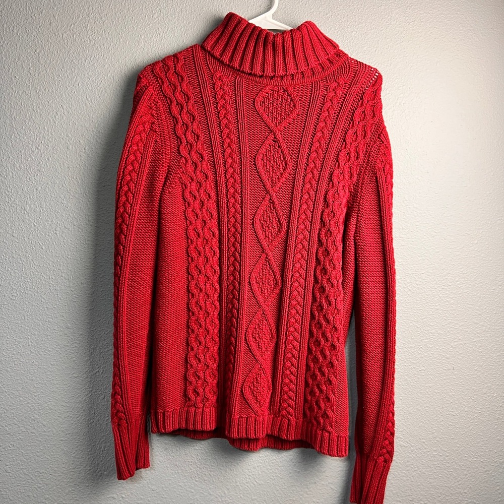 Eddie Bauer Red Cable Knit Turtleneck Sweater Womens Large Cotton‎ Blend Chunky